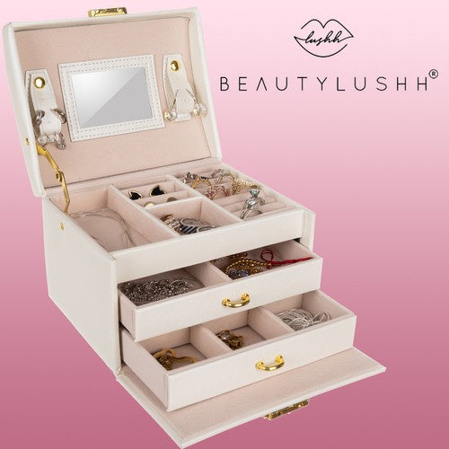 Kutija za Nakit s 20 Pretinaca i Ogledalom, Bež, 17.5 x 14 x 12 cm