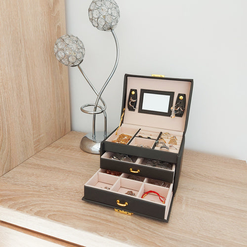 Kutija za Nakit s 20 Pretinaca i Ogledalom, Crna, 17.5 x 14 x 12 cm