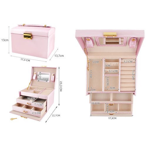 Kutija za Nakit sa 20 Pretinaca i Ogledalom, Roza, 13 x 13.7 x 17.5 cm