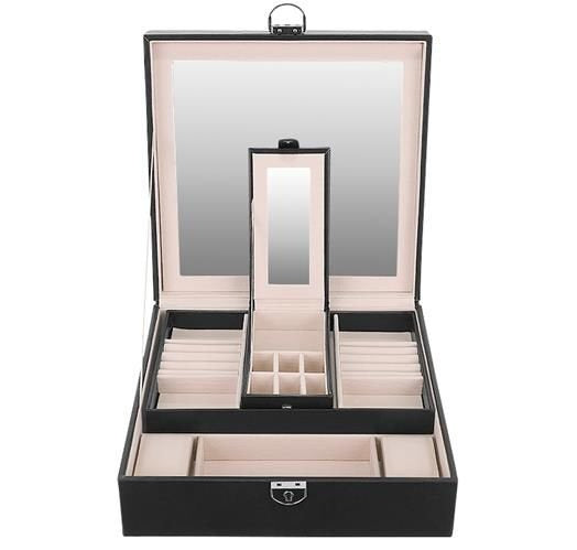 Kutija za Nakit s Ogledalom i Putnim Etuijem, Crna, 25.5x25.5x30cm