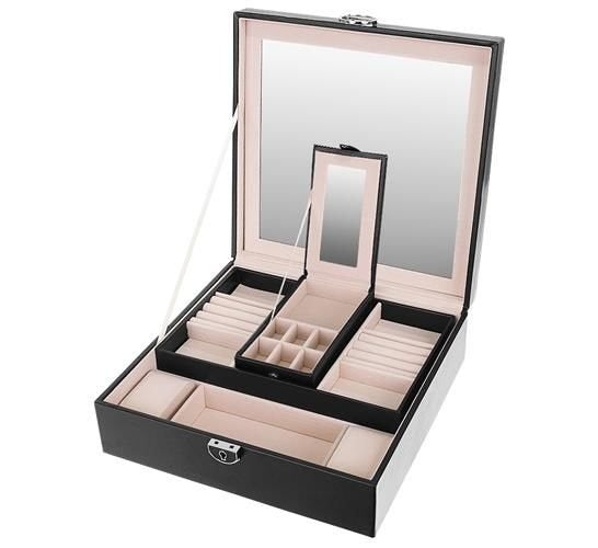 Kutija za Nakit s Ogledalom i Putnim Etuijem, Crna, 25.5x25.5x30cm