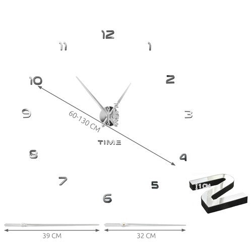 DIY Zidni Sat 60-130 cm Srebrni, 3D Efekt, Tihi Mehanizam