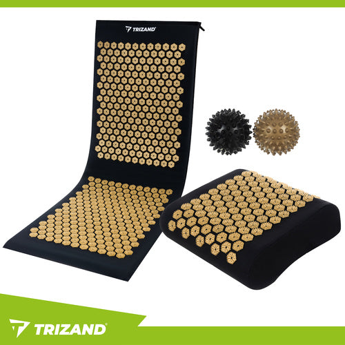 Akupresurna Prostirka s Jastukom i 2 Masažne Loptice 115x40 cm Crno-Zlatna