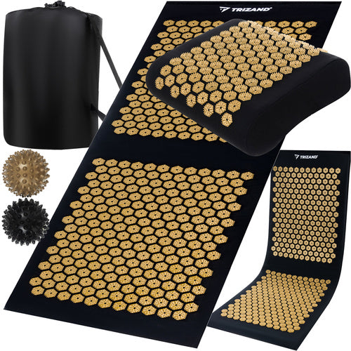 Akupresurna Prostirka s Jastukom i 2 Masažne Loptice 115x40 cm Crno-Zlatna