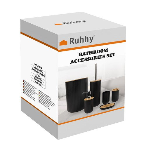 Set Kupaonskih Pribora od 6 Dijelova, Crno-Smeđi, s Bambusom