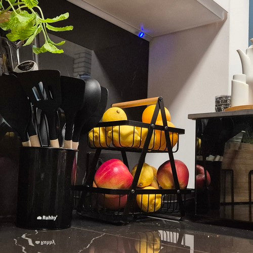 Dvokatna Košara za Voće i Povrće od Karbon Čelika 30 x 27 x 17.5 cm Crna