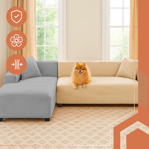 Bež Navlaka za Kutnu Sofu od Baršuna 145-185 cm