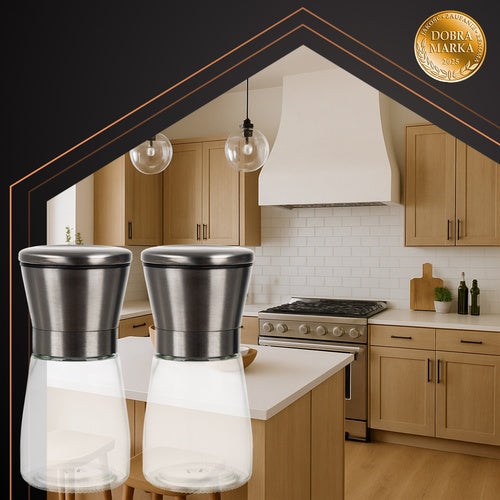 Set Ručnih Staklenih Mlinca za Sol i Papar 13.3 x 6.4 cm, 2 Kom, Srebrni