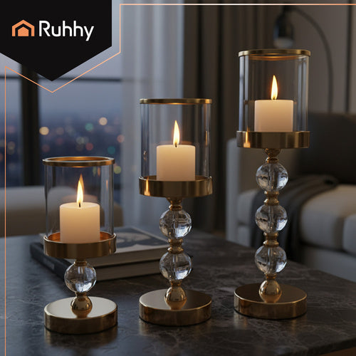 Set Svijećnjaka i Lampiona od Stakla 3 Komada Zlatni 41 x 12 cm