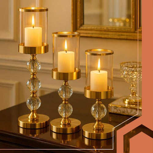 Set Svijećnjaka i Lampiona od Stakla 3 Komada Zlatni 41 x 12 cm