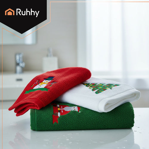 Božićni Ručnici Set od 3 Komada 30x40 cm Crveni Zeleni Bijeli Pamuk