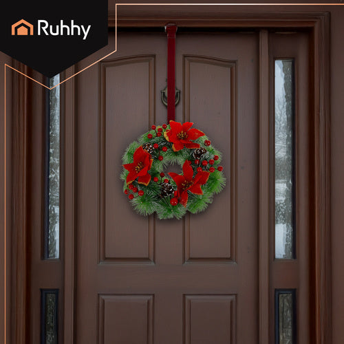 Božićni Vijenac 30 cm za Vrata i Stol, Zelena s Crvenim Kuglicama