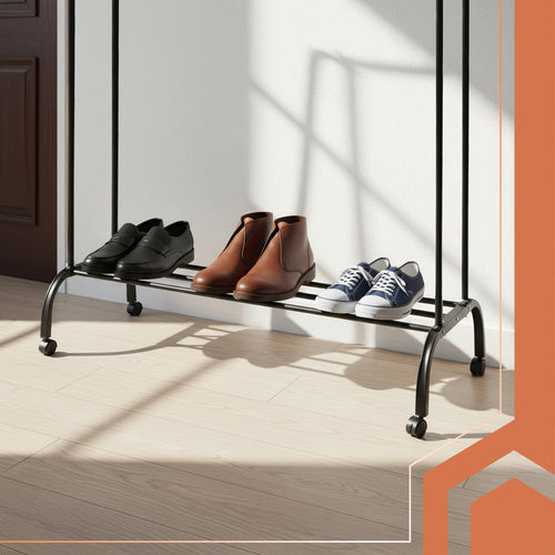 Stalak za Odjeću na Kotačima s Dvije Šipke i Policom 150 x 110 x 57 cm Crni