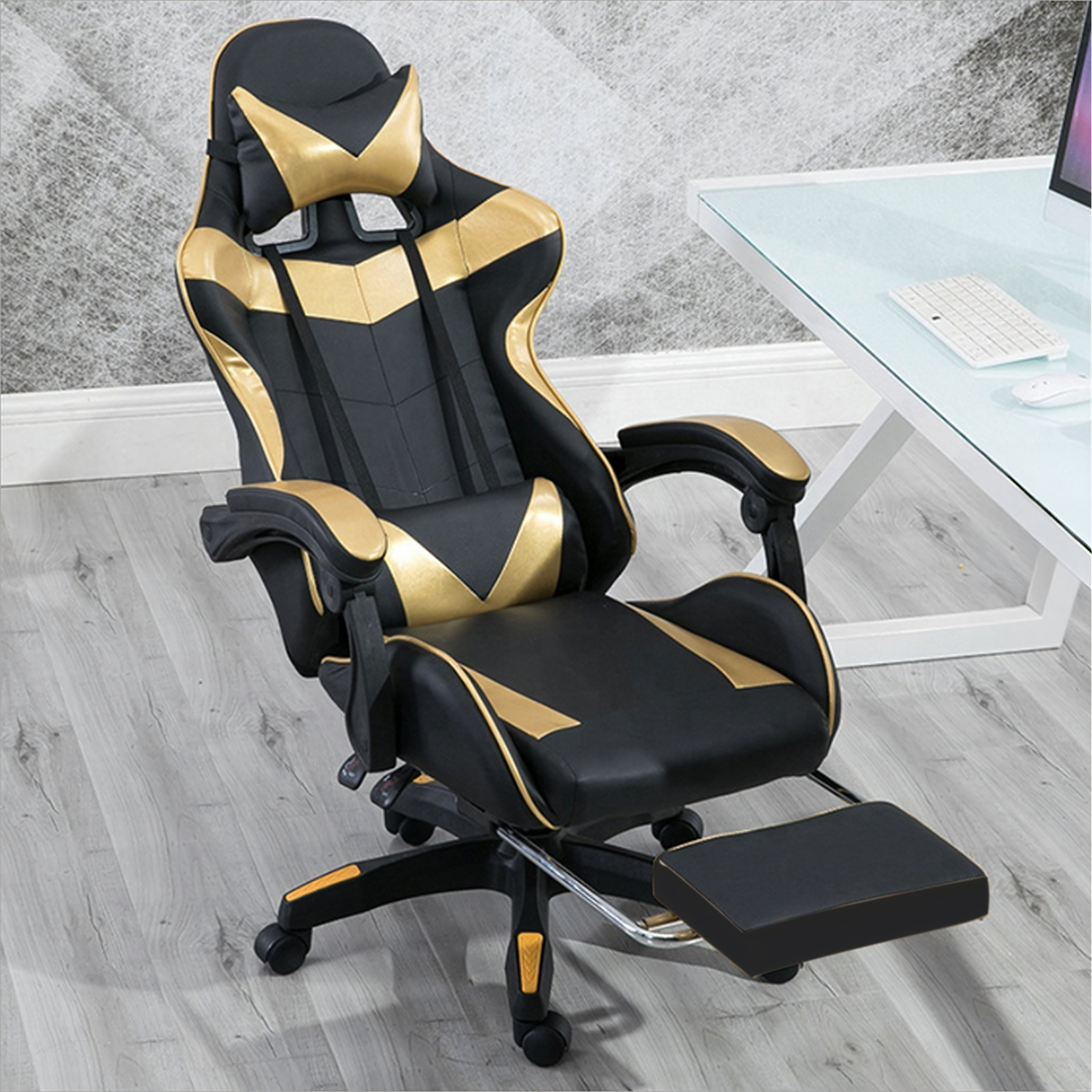 Gaming Stolica Zlatno-Crna s Osloncem za Noge